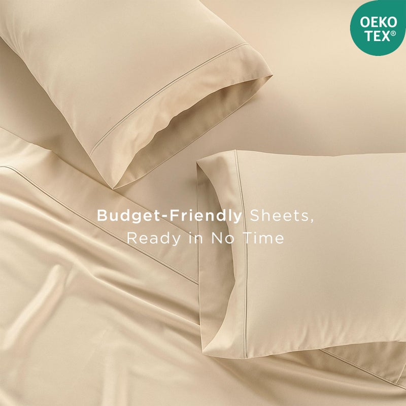 Threadmill 100% Cotton Sheets for King Size Bed | 4 Pc King Bed Sheets Set | Soft, Breathable Lightweight Solid Sateen for All-Season Use | Snug Fit Elastic Deep Pocket King Sheets | Beige - Image 4